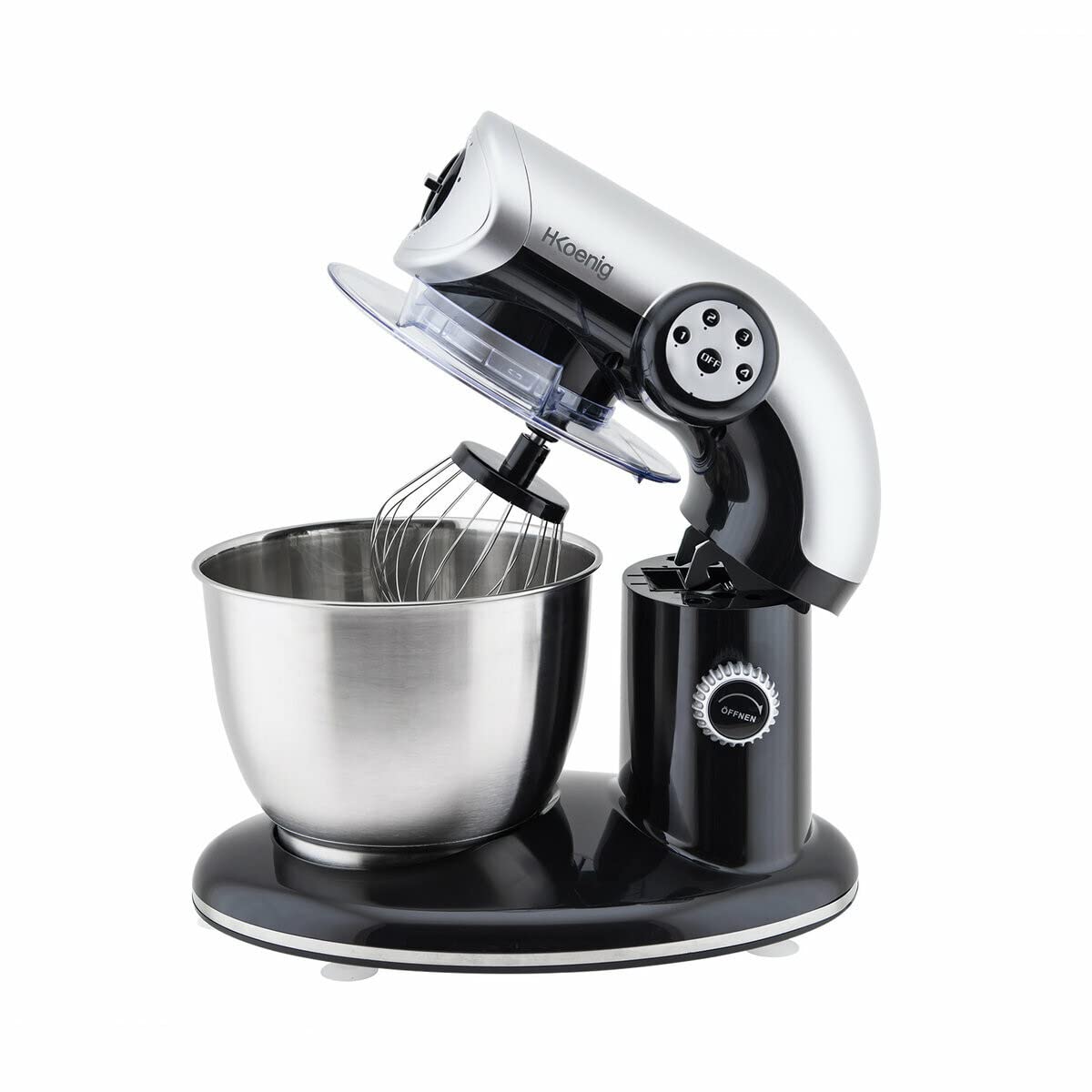 H.Koenig Robot Pétrin Professionnel Multifonctions KM80 5.5L Noir Puissant 1000W, Robot Cuisine Pâtissier Pétrin 4 vitesses, Fouet, Batteur, Crochet, Pétrisseur, Couvercle anti-éclaboussure