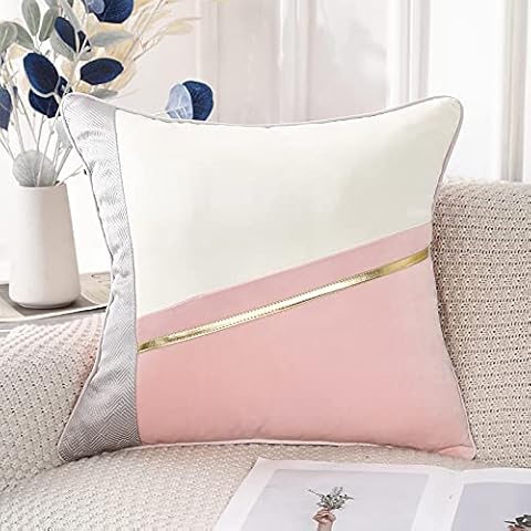 PANOD Patchwork Silk-Like Velvet Throw Pillow Cover with Gold Striped Leather Cushion Case Modern Luxury Square Pillowcase for Sofa Couch Bedroom Living Room Home,16x16 inch,Pink Cover