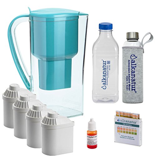 Alkanatur Alkalische Wasserfilter Pack ink. 4 Filterkartuschen und Borosilikat Wasserflasche Glas - reduziert Kalk & erhöht pH-Wert - BPA-freier - Hergestellt in Europa