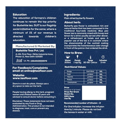 Image of TEAFLOOR Pure Dried Butterfly Pea Flower Tea, 100% Natural Herbs, Caffeine Free,Suitable as Iced Teas, Coolers and Cocktails Horeca, Net Weight 30g, 60 Tea Cups