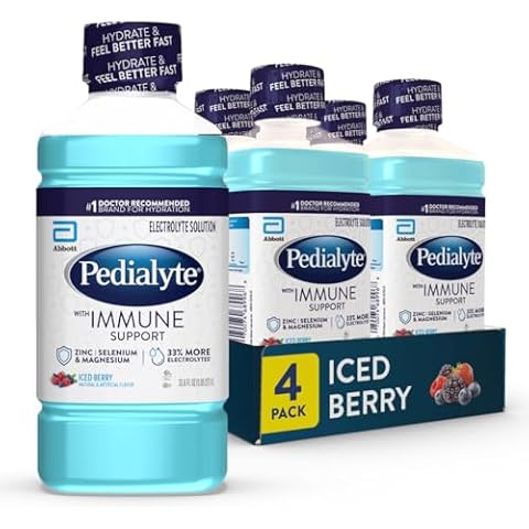 Pedialyte with Immune Support Electrolyte Solution, Iced Berry, Hydration Drink with Zinc, Selenium, and Magnesium, 1 Liter Pack of 4 Cover