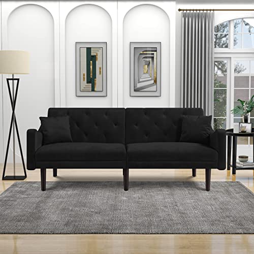 Yunlife 72.8" Modern Velvet Accent Upholstered Futon Sofa With 2 Pillows, Loveseat Convertible Sleeper Couch Bed, Folding Recliner For Living Room, Apartment And Small Space Furniture Sets, Black #TOP17