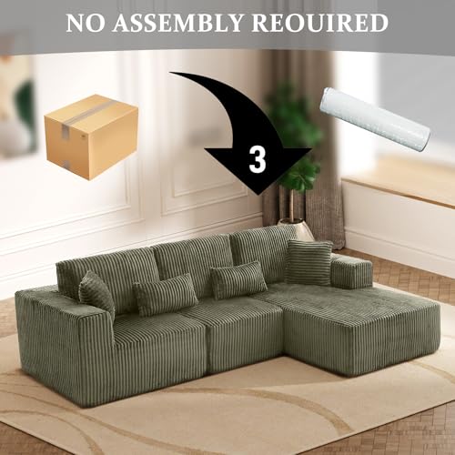 Image of 108 inch Boneless Cloud Sectional Couches for Living Room, Comfy Fluffy L Shaped Memory Foam Deep Seat Boneless Couch, Modular Sectional Sofa with Right Facing Chaise, Olive Green