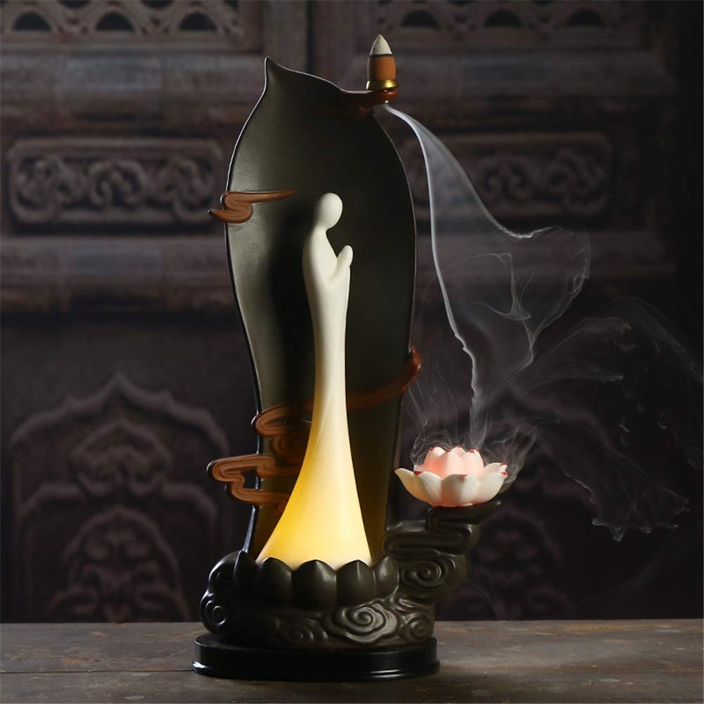Huangwanru Backflow Incense Burner LED Lamp Ceramic Incense Burner Ceramic Backflow Aromatherapy Furnace Home Decoration Lotus Home Decoration Handicraft Gift (Color : B, Size : ONE SIZE)