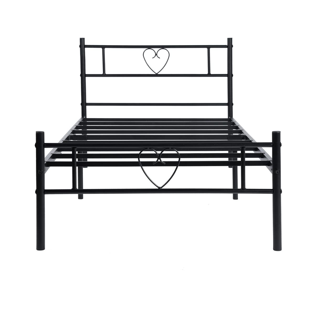 Lit Simple Cadre de lit en métal avec Tête de Lit en Forme de Coeur pour Matelas de 90 x 200 cm, pour Les Invité, Enfants ou Adultes, Noir