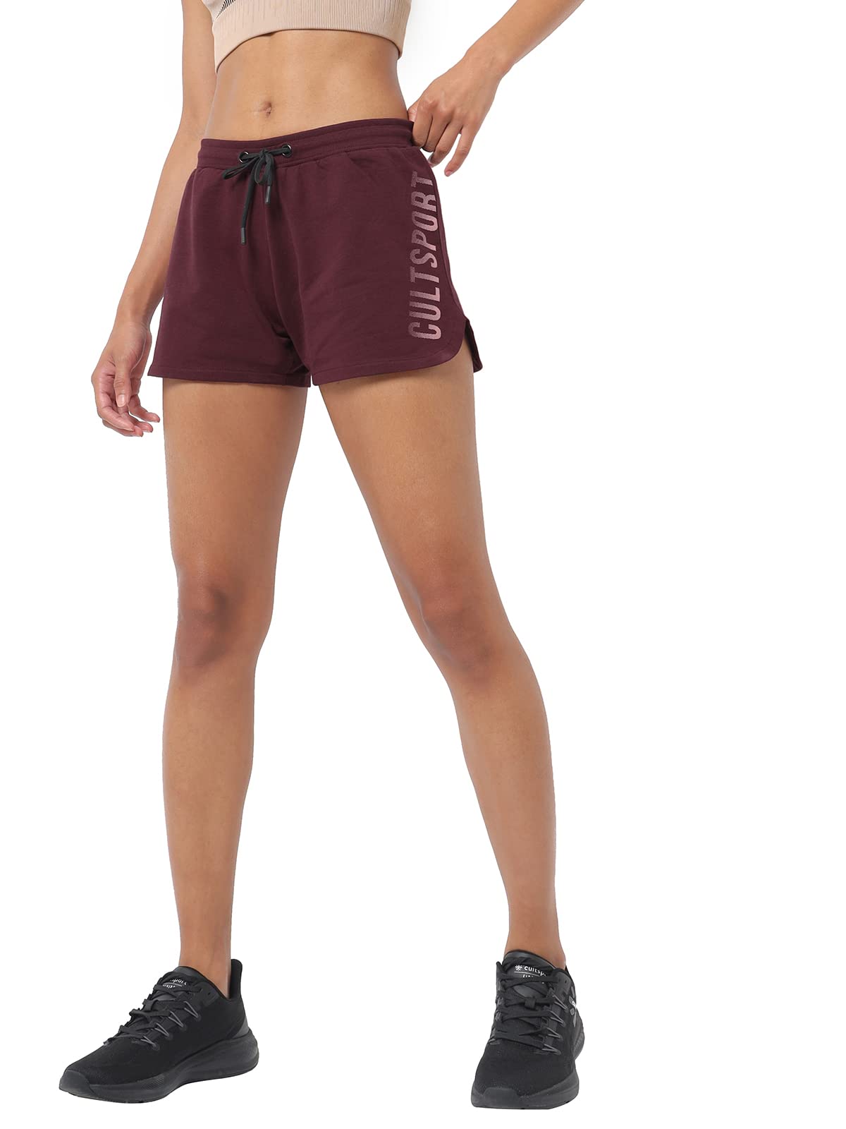 Halftone Print Active Shorts for Women | Soft & Durable | Curved Hem | Drawcord Waistband (CS601763L_Maroon)-picture-37