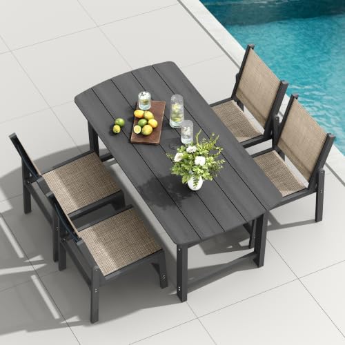 Image of HDPE Outdoor Patio Dining Set with Table & 4 Stackable Armless Textilene Chairs, All-Weather 5-Piece Dining Table Set with Umbrella Hole, Patio Furniture for Garden, Poolside, Backyard, Deck | Grey