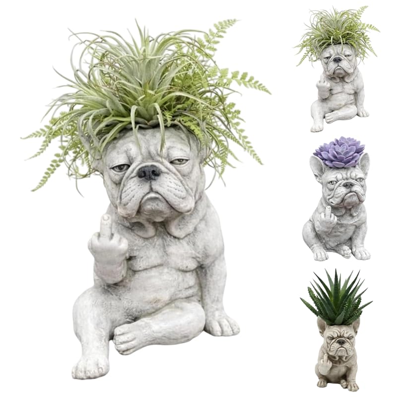 OmniVeyi Funny French Bulldog Planter Pot, Resin Succulent Planter with Middle Finger Design, Suitable for Small Plants, Indoor Outdoor Home Garden Decor, Unique Gift for Dog Plant Lovers (Dog A)