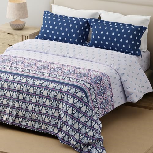 Image of Layers 100% Cotton for King Size Bed | 120 TC Printed, Soft, Breathable, Machine Washable Bedsheet with 2 Pillow Covers | Forever Collection (274 x 274 cm) - White & Blue