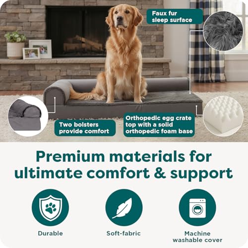 Image of FurHaven Orthopedic Dog Bed for Large Dogs, L-Shaped Chaise Mattress with Orthopedic Egg Crate & Solid Orthopedic Foam Base for Joint Support, Washable Cover, Jumbo XL, Plush & Velvet, Platinum Gray
