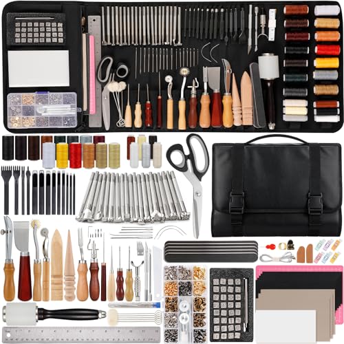 Nicpro 160PCS Upgrade Leather Tooling Kit Leather Working Tools Kit with Storage Handbag, Professional Leather Making Craft Tools Kit for Stamping Sewing Carving Cutting Punching Leather Working