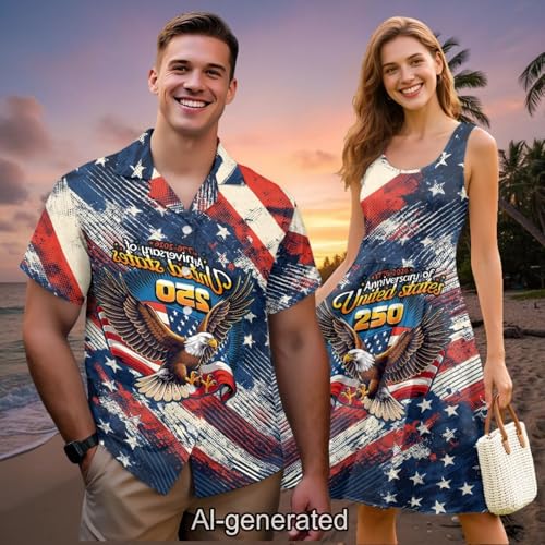 Image of Dreaweet Summer Dresses for Women A-Line Sleeveless Flowy Sun Dresses,Men's Casual Button-Down Shirts,Couple Matching Outfits