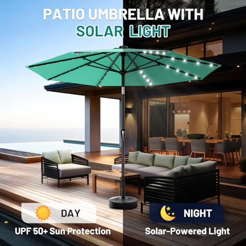 Image of AreShark 9FT Patio Umbrella with Solar Lights, 32 Lighted Pool Umbrella w /Tilt and Crank, Outdoor Market Solar Umbrellas for Garden, Deck, Backyard, Pool and Beach, Cerulean