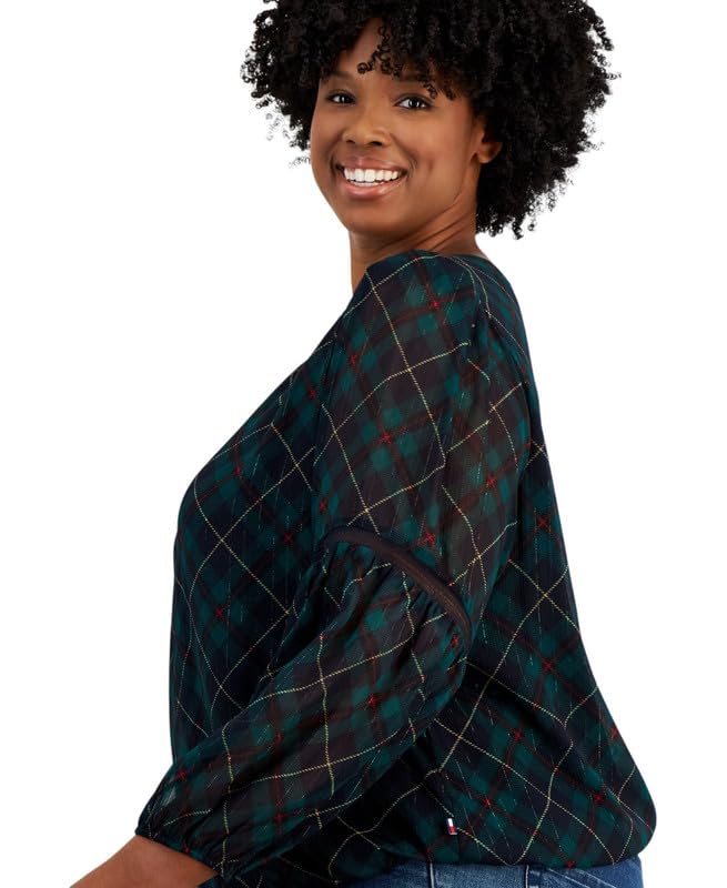 Tommy Hilfiger Women's Plus Size Long-Sleeve Plaid Bubble Top (Sky Captain Multi, 3X)3