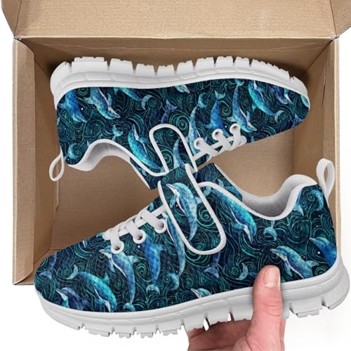 Kids Shoes Little Kid Boys Girls Athletic Running Sports Strap Sneakers for Little Kid/Big Kid White Sole Dolphin Pattern2