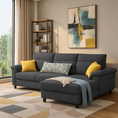 Image of Casaliving Seams RHS 4 Seater L Shape Sofa for Living Room (Black Fabric) Premium Fabric Sofa