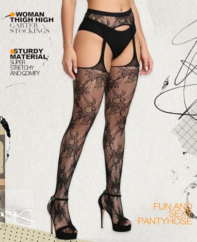 Image of Sesiwadbe Womens Fishnet Patterned Tights High Waist Suspenders Pantyhose Thigh High Stockings