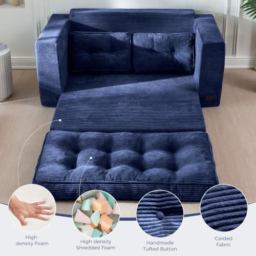 Image of MAXYOYO Convertible Sofa Bed, Pull Out Loveseat Sofa Couch, 2 in 1 Folding Couch Bed, Fold Out Floor Couch with Pillows for Living Room Lounge, Navy