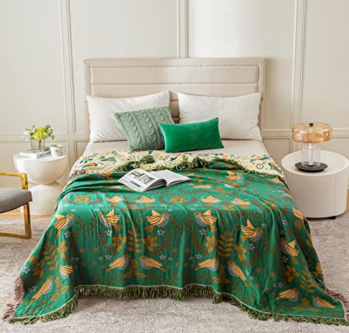 Msgkv Boho Throw Blankets 100% Cotton Green Blanket 60''X 80'' Double Sided Throw Blanket For Bed Couch Boho Quilts Reversible Blankets Warm Soft Blanket Muslin Blanket Picnic Blankets #TOP1