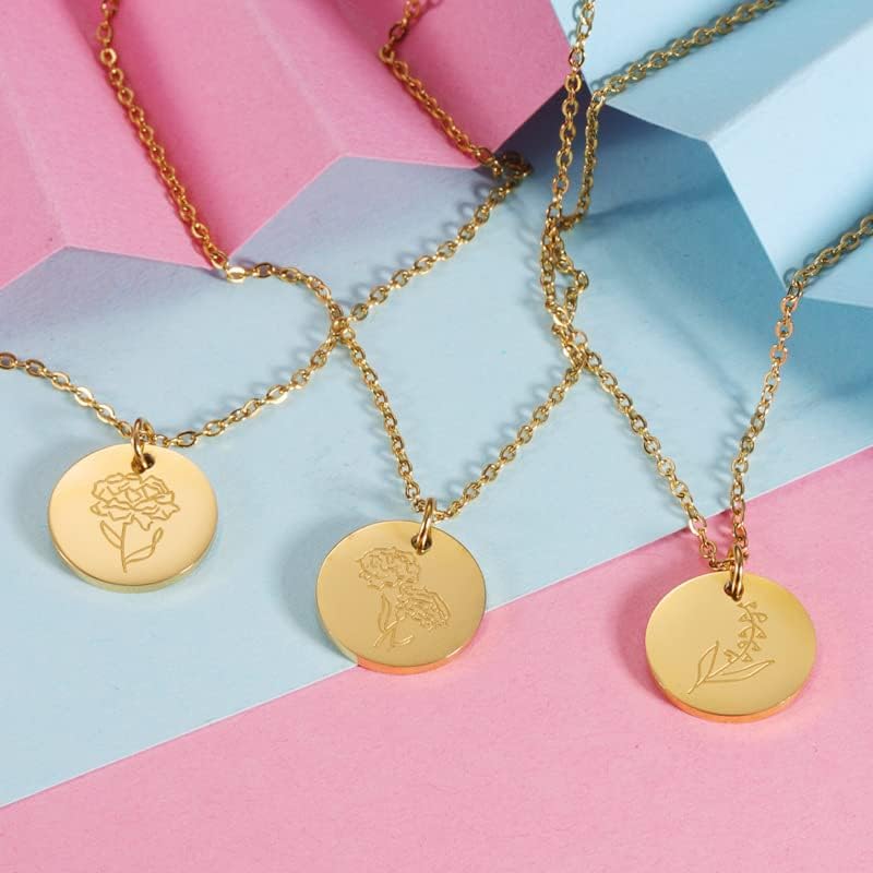 Miniatura 3 de Collar de flor de nacimiento para mujer, oro de 18 quilates, con colgante floral personalizado, delicado mes de nacimiento, dije de disco de flor
