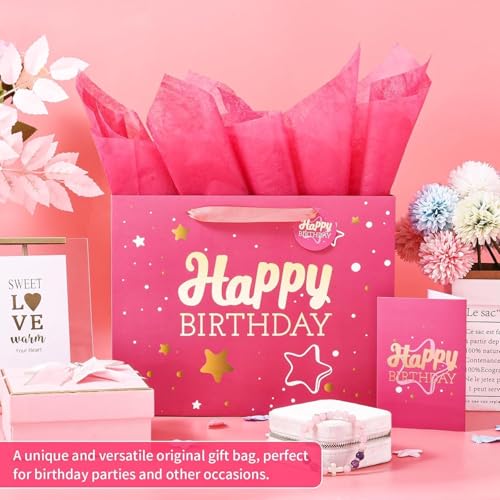 Image of Powbrace 16 inch Pink Happy Birthday Gift Bag with Tissue Paper and Greeting Card for Party,Happy Birthday Gift Bag for Men Women,Gift Bags Extra Large(2 PCS Pink Hot Stamping)
