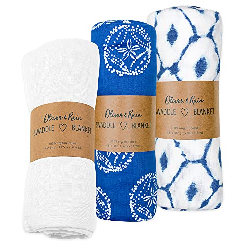 Image of Oliver & Rain Organic Muslin Baby Girl Swaddle Blankets 3 Pack Receiving Blanket Batik & Sand Dollar Prints
