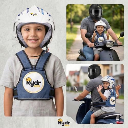 Image of RYDR Regular Motorcycle Safety Harness for Kids (2-12 Years) Adjustable Two-Wheeler Safety Belt for Child Rider with Reflective Strip, Sleek Back Support (Blue, Without Pocket)