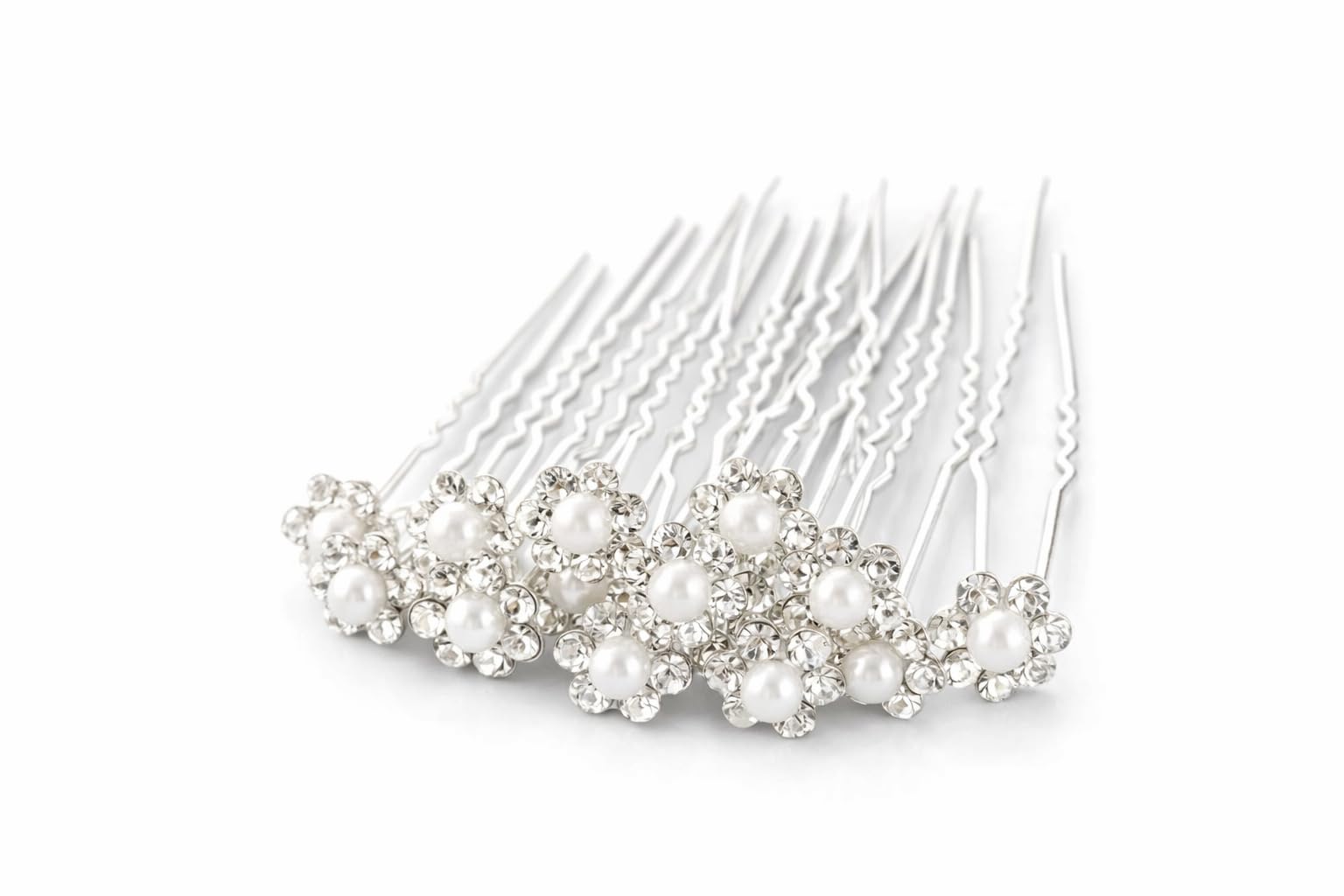 POOJA Stores 12 Pcs Bride Diamond Pearl Flower Tiara Wedding Bridesmaid Pearl Flower Hair Pin Delicate and Elegant Female U-pin Metal Hair Fork for Women's Hair Jewelry-image-46