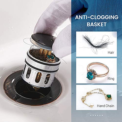 Image of REGALMIX Oil Rubbed Bronze Pop UP Drain, Bathroom Vessel Lavatory Vanity Faucet Sink Stopper, Built-In Anti-Clogging Strainer, Fits Standard Drain Hole(1-1 /2 inch to 1-3 /4 inch),without Overflow R085C-ORB