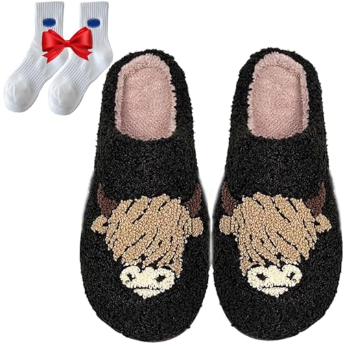 Highland Cow Slippers for Women, The Original Highland Cattle Slippers, Plush Scottish Highland Cow Animal Slippers Warm Non Slip Home Indoor Cow Slippers