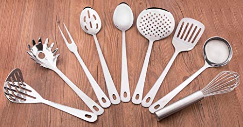 Premium 9 Piece Stainless Steel Cooking & Serving Set - Slotted Turner & Spoon, Solid Spoon, Large Fork, Ladle, Skimmer, Whisk, Potato Masher & Pasta Server - Heavy Gauge Durability - Mirror Finish - Thumbnail 2