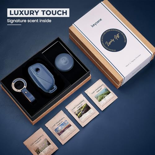 Image of Keyzone Premium Leather Key Cover & AC Vent Car Perfume Combo (4 Fragrances) | Compatible for BMW 7 Series 740i 760i X1 X7 XM IX I7, X5 2023 Onwards 4 Button Smart Key (Blue)