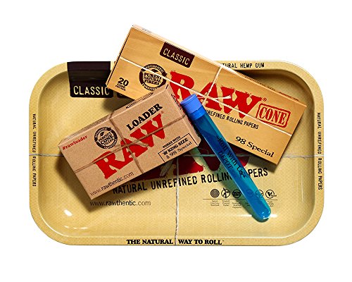 RAW 98 Special Pre Rolled Cones Supreme Bundle Includes: RAW Rolling Tray, RAW 98 Special Pre Rolled Cones 20 Pack, RAW Cone Loader, and American Rolling Club Tube