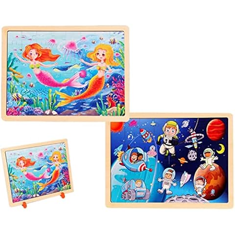 EACHHAHA 2 in 1 Wooden Jigsaw Puzzles for 3 4 5 Years Old,48+48 Pieces Jigsaw Puzzles for Kids,Wooden Educational Toys,Mermaid and Astronaut Pattern Cover