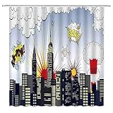 XZMAN Superhero Shower Curtain Buildings Cityscape City Skyline Cartoon Comic Art Creative Kids Black White Polyester Home Bathroom Decor Set with Hooks,(70' WX70 H)