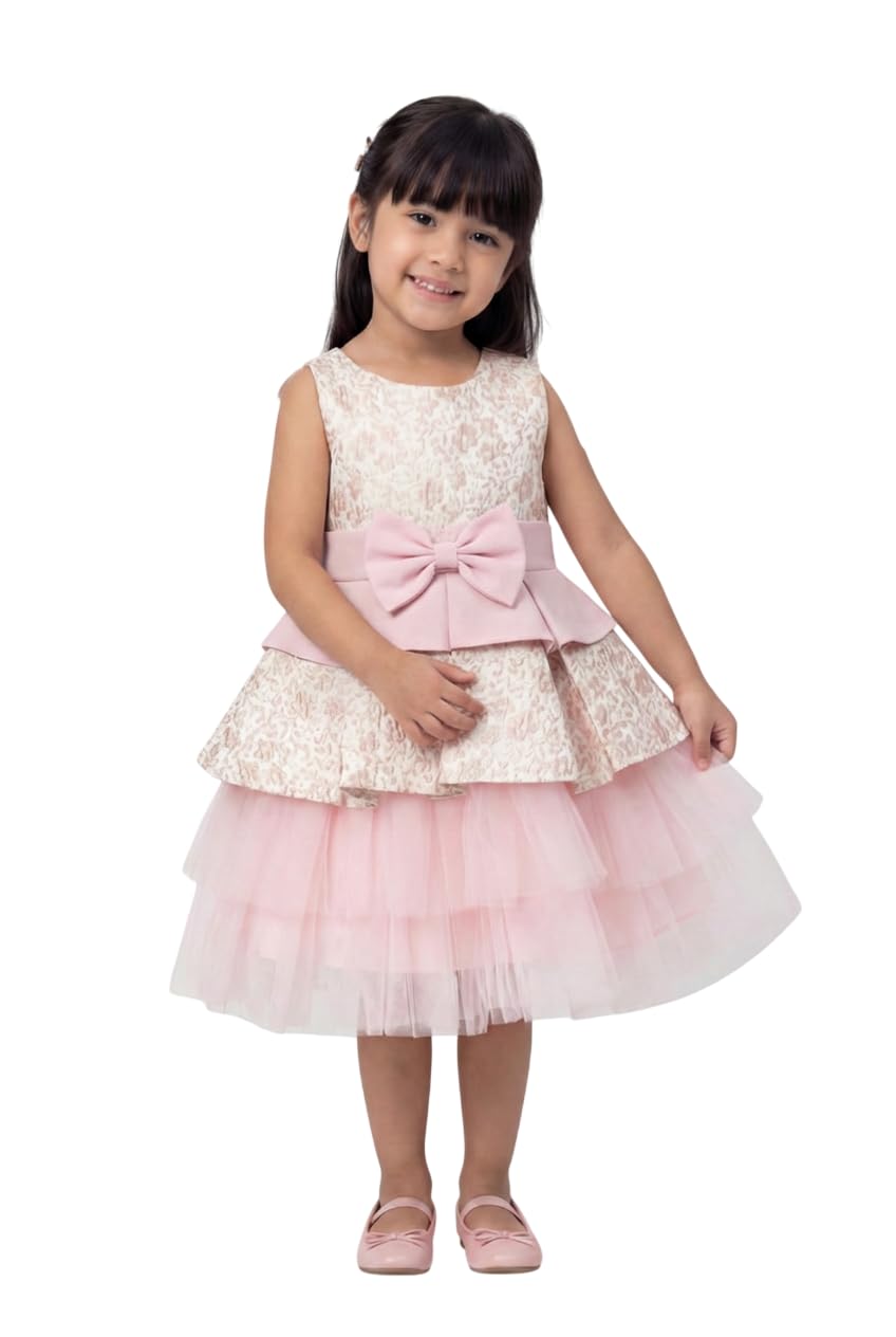 SIRRI Abito da Festa Rosa Jacquard per Bambina con Gonna in Tulle e Fiocco Removibile.