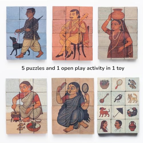 Image of 3D Wooden Toys for Kids 3-8 Yrs | 6 Puzzles in 1 Toy + 30 Activities | 12 Natual Wooden Puzzles for Kids with Activity Book | Indian Folk Art Wooden Blocks | Kalighat Theme