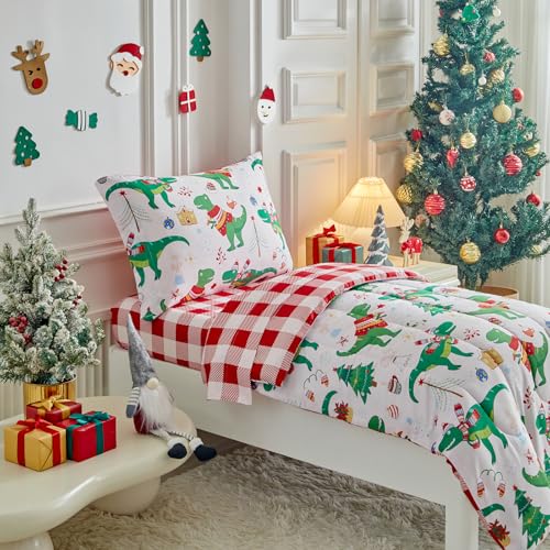 Image of Christmas Toddler Bedding Set for Boys Girls Green Dinosaur Colorful Holiday Toddler Bed Set - Soft Toddler White Bed in a Bag with Red Plaid Sheet Set and Pillow Shams