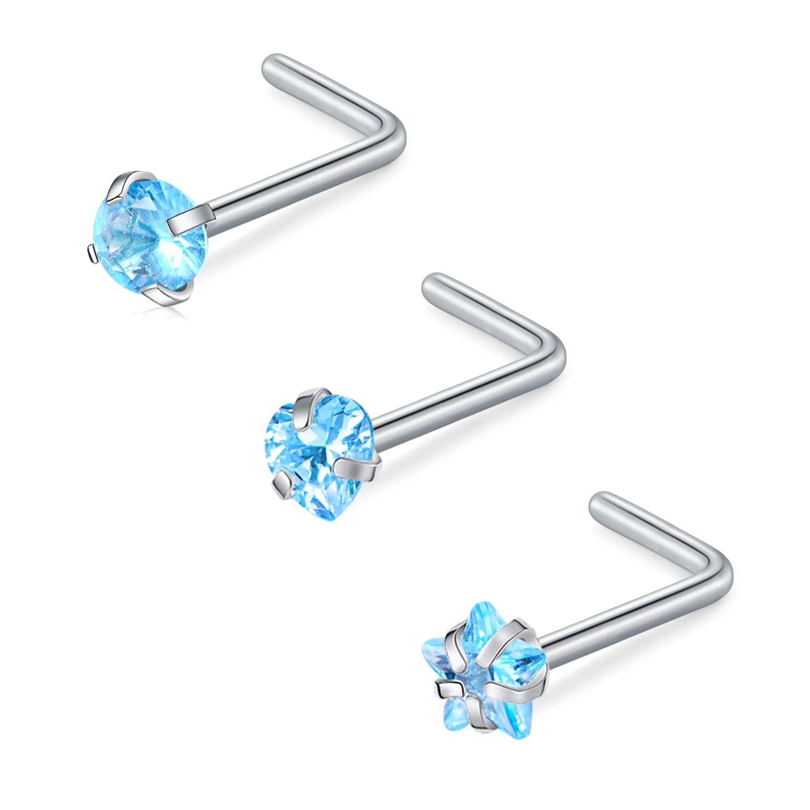 FECTAS Nose Stud L Shape Nose Ring Stud Nose Bar 18G 20G 1.5mm 2mm 2.5mm 3mm L Shaped Nose Piercing Jewellery Stainless Steel Clear Pink Blue Round Star Heart Diamond Silver Gold Black — view 7