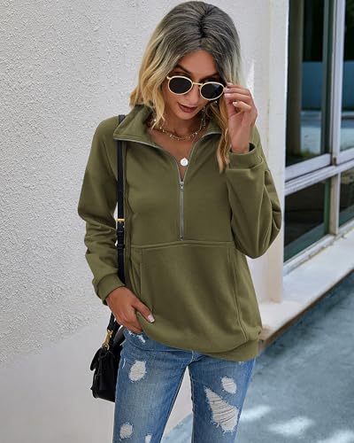 Image of PRETTYGARDEN Women's Casual Long Sleeve Zipper Sweatshirt Drawstring Loose Quarter Zip Pullover Tops with Pockets