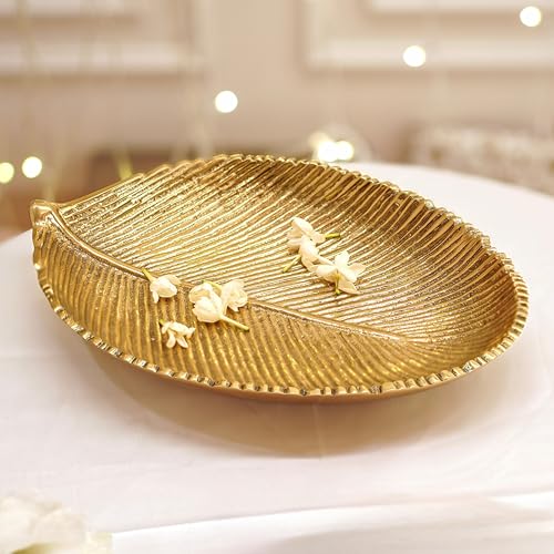 Image of BEHOMA Metal Leaf Shape Tray for Home Decor, Medium, Golden | Golden leaf-shape metal tray, medium size; perfect for mandap, haldi, mehendi & Navratri decor.
