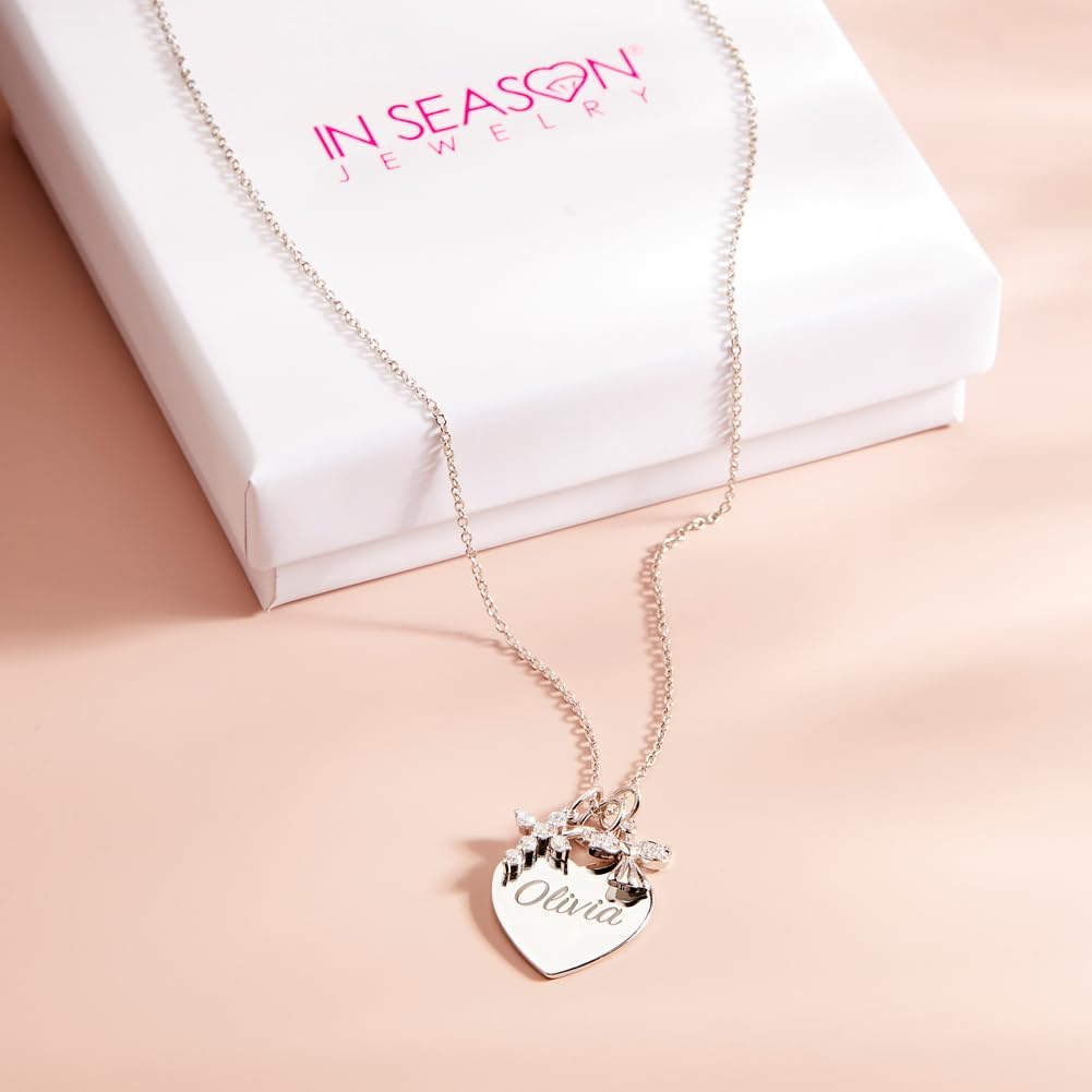 925 Sterling Silver Personalized Heart Necklace for Young Girls with Clear Cubic Zirconia Guardian Angel & Cross Pendant - Engravable Shiny CZ Heart Shape Name Tag ID Necklaces for Children & Teens
