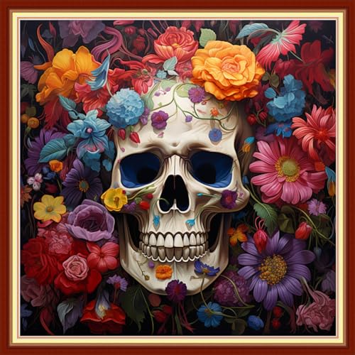 Image of Foxdiviy Stamped Cross Stitch Kits Full Range of Embroidery Needlework Starter Kits for Beginners Adults 11CT Embroidery Patterns Art Crafts DIY Needlepoint Kits-Colorful Skull 18x18 inch