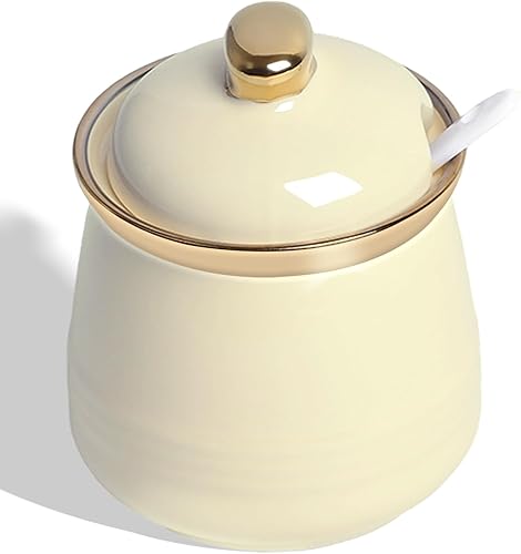 HAOTOP Azucarero de 12 onzas con tapa y cuchara, recipiente de cerámica simple para azúcar, dispensador de azúcar, accesorios de barra de café,