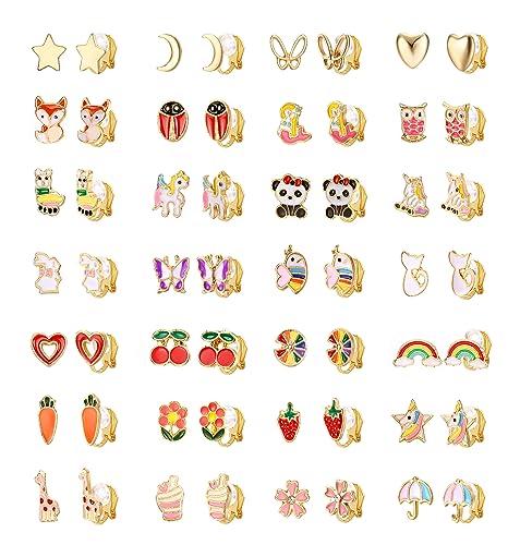 Fansilver 28 Pairs Clip On Earrings for Women Girls Gold Silver Non Pierced Earrings Animal Flower Star Butterfly Clip Earrings Set Cute Clip on Earrings for Teens Girls, age：over 3 years old