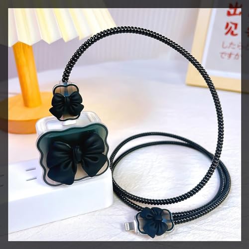 Image of EDNITA Charger Cable Protector with 3D Cute Pattern for iPhone Charger only 18W & 20W | Data Line Wire Saver Charging Cable Charger Protective Cable Full Protection Set of - 1 (Black Bow)