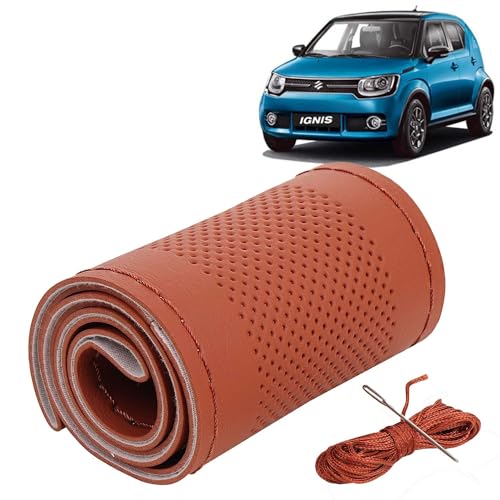 Image of KINGSWAY PU Leatherite Car Steering Cover Sewable Compatible with Maruti Suzuki Ignis (Year 2016 Onwards), Tan Color with Tan Thread, Pack of 1 with Sewing Needle and Thread