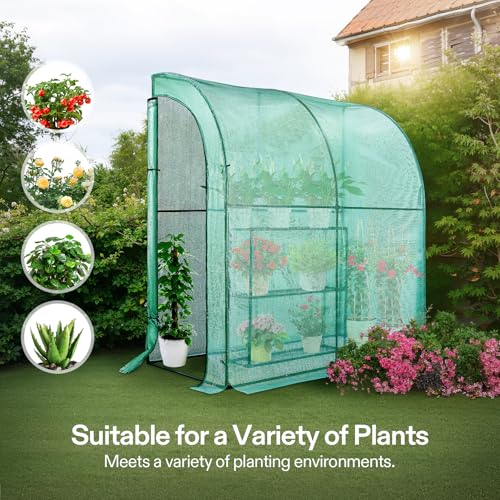 Image of VIVOSUN Lean-to Greenhouse, 6.6' x 3.3' x 6.9' Portable Wall House with Green PE Cover and Shelf for Compact Garden 79x39x83-Inch