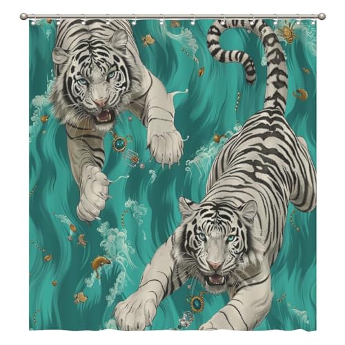 Cortinas de ducha para baño, 182 x 203 cm, diseño de tigres blancos con rayas negras, cortina decorativa con gancho para baño, decoración de cortina de baño, poliéster, impermeable, lavable a máquina