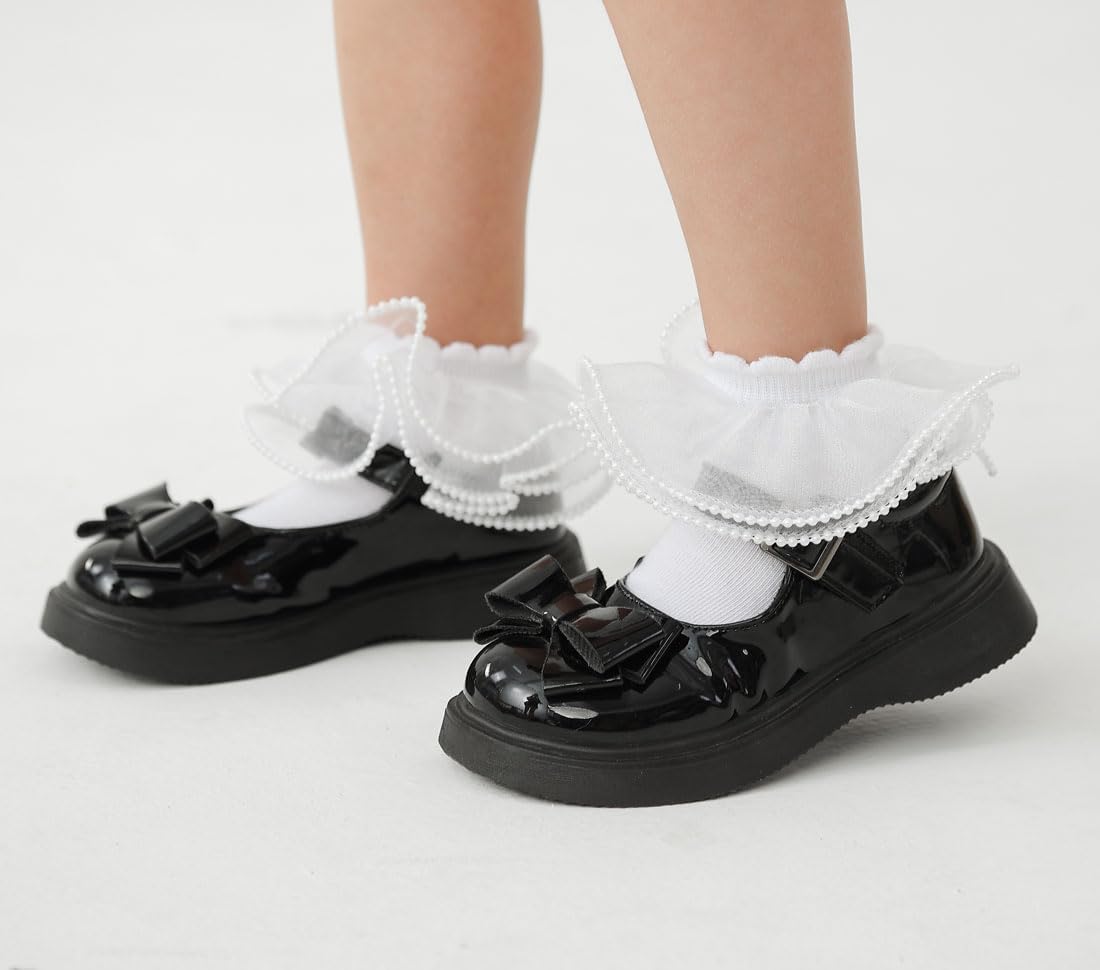 4 Pack Girls Frilly Ruffle Socks Cute Synthetic Pearls Lace Socks for Toddler Little Girls Dress and Daily - Image 4